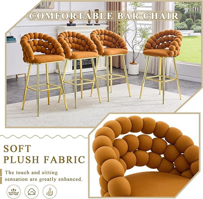 Set of 2 Orange Puffy Bubble Chair Ball Chain Chair Velvet Bar Stools with Gold Legs, Tufted Accent Bar Chairs for Kitchen Island Home Bar
