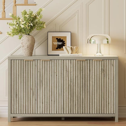 OAKHAM HOME Buffet Cabinet Fluted Sideboard 56" Accent Cabinet with Adjustable Shelves 4 Doors Modern Storage Credenza for Living Room Kitchen Hallway, Grey Ash Oak