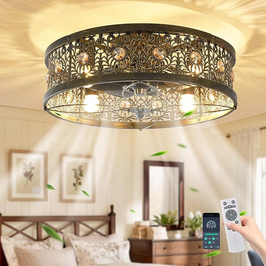 Garwarm 20" Caged Ceiling Fans with Lights,Vintage Victorian Rustic Crystal Fandelier,Low Profile Flush Mount Enclosed Bladeless Ceiling Fan with Light and Remote for Bedroom,Kitchen,Dining Room