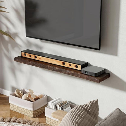 Rustic Elm Wood Floating Shelves 48 Inch, Wall Mounted Live Edge Floating Shelf for Bathroom Living Room Kitchen, Long Wooden Wall Shelves with Heavy-Duty Bracket for Books Decor Storage, Walnut