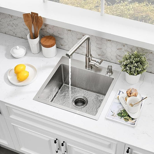 15×15 Inch Drop-In Stainless Steel Bar Sink with Faucet Combo - Top Mount Single Bowl, Small Kitchen Sink for Bar Prep, RV, and Compact Spaces