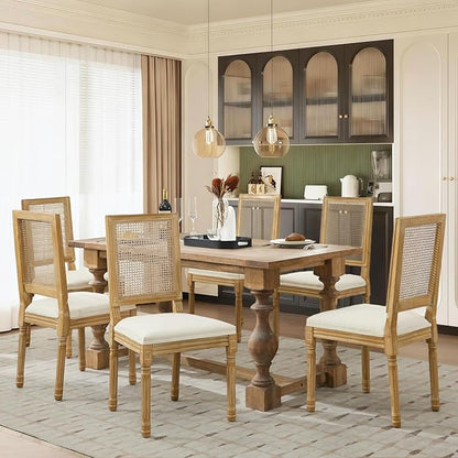 SoarFlash French Dining Chairs Set of 4, Vintage Dining Chairs with Rattan Backrest, Wooden Framehouse Chairs for Living Room, Kitchen, Restaurant, Beige
