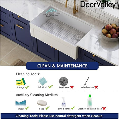 DeerValley 33" L x 20" W White Farmhouse Workstation Sink, Reversible Fireclay Deep Single Bowl Apron Front Kitchen Sink, Undermount Farm Sink with Ledge and Accessories