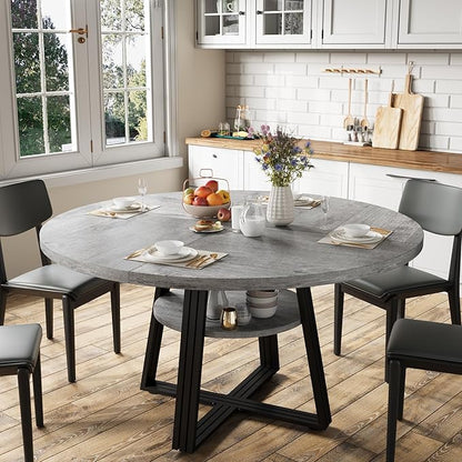 47 Inch Round Dining Table for 4-6, Modern Farmhouse Circle Kitchen Table with Storage Shelf, Metal Cross Base & Adjustable Feet for Dining Room, Apartment, Small Space, Grey