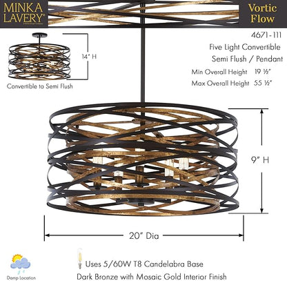 Minka Lavery 4671-111 Vortic Flow Semi-Flush, 5-Light, 300 Total Watts, 20-in H x 9-in W, Dark Bronze with Mosaic Gold Interior