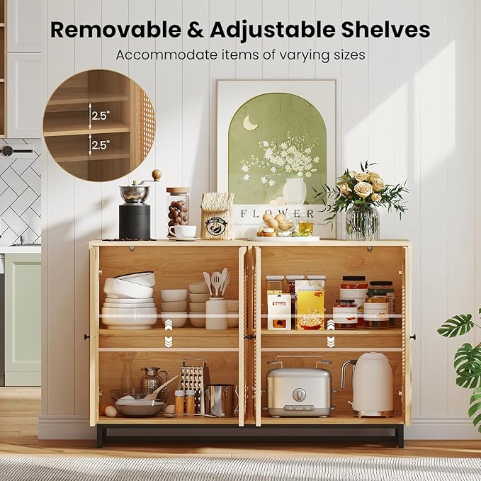 Giantex Rattan Sideboard Buffet Cabinet, 50" Large Boho Buffet Table with 4 Doors, Adjustable Shelves & Metal Legs, Farmhouse Accent Storage Cabinet for Kitchen, Living Room, Entryway, Coffee Bar