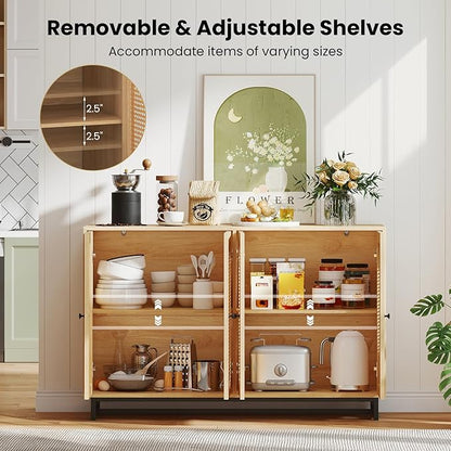 Giantex Rattan Sideboard Buffet Cabinet, 50" Large Boho Buffet Table with 4 Doors, Adjustable Shelves & Metal Legs, Farmhouse Accent Storage Cabinet for Kitchen, Living Room, Entryway, Coffee Bar