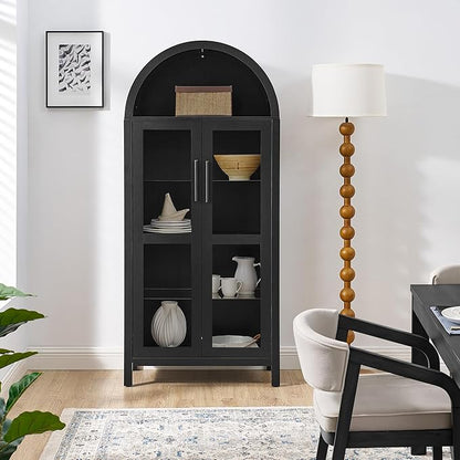 Ball & Cast 67" Tall Arched Kitchen Pantry Cabinet with Lamp, Modern Wooden Storage Cabinets with Glass Doors & Adjustable Shelves,Versatile Display Cabinet for Kitchen, Living Room,Dining Room,Black