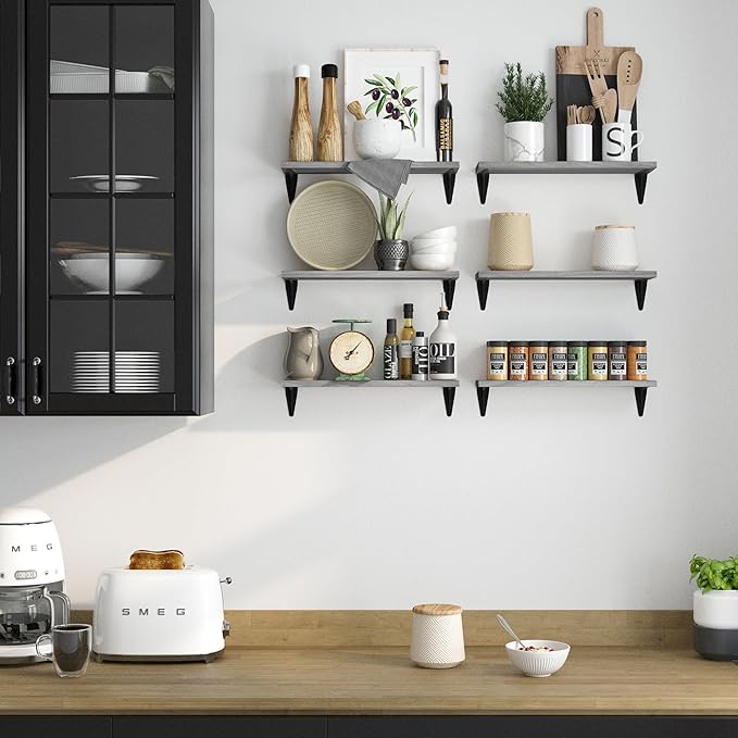 Wallniture Arras Wood Floating Shelves for Wall Storage, Small Bookshelf, Hanging Book Shelves for Living Room, Bedroom, Office, Burnt Finish, Set of 10 (Gray)