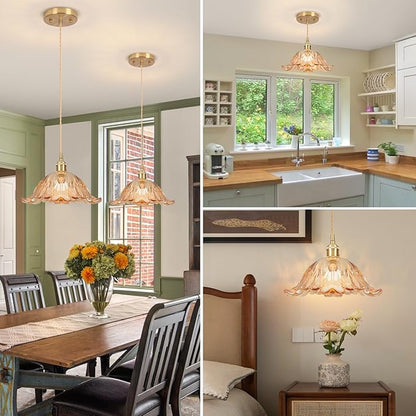 Vintage Pendant Light,Amber Glass Light Fixtures,11" Flower Pendant Lights Adjustable Hanging Light Pendant Lighting Fixtures for Bedroom Hotel Dining Room