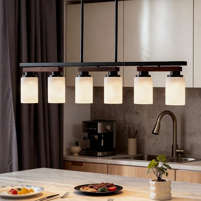 6-Light Kitchen Island Lighting & Farmhouse Dining Room Light Fixtures Over Table, Rustic Wood Linear Chandelier Adjustable Ceiling Hanging Pendant - Rotating Design, Customizable Shapes, Milk Glass