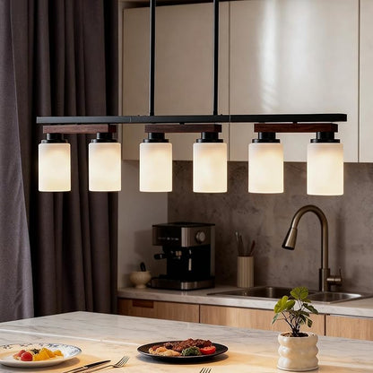 6-Light Kitchen Island Lighting & Farmhouse Dining Room Light Fixtures Over Table, Rustic Wood Linear Chandelier Adjustable Ceiling Hanging Pendant - Rotating Design, Customizable Shapes, Milk Glass