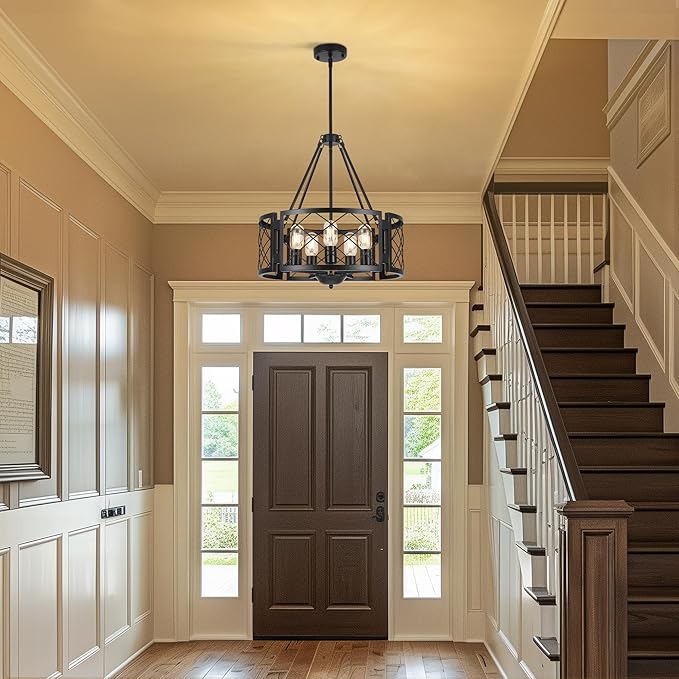 Sigaitwei 5-Light Farmhouse Chandelier Rustic Black Chandelier for Dining Room,Adjustable Pendant Light,Drum Chandelier for Kitchen Island Entryway Bedroom Hallway,18.9'',E26.