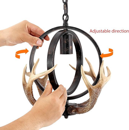 Antler Globe Chandelier, 11.8" Rustic Metal Cage Pendant Light with Resin Antlers, Industrial Farmhouse Hanging Ceiling Light Fixture for Kitchen Island, Dining Room, Entryway, E26 Base, Brown