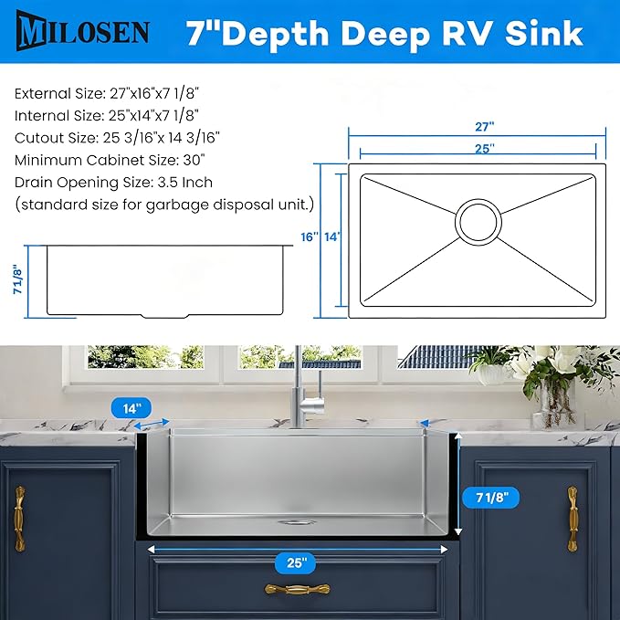 MILOSEN RV Kitchen Sink, 27''×16''×7'' 16 Gauge T304 Stainless Steel Drop-in/Undermount RV Sink, 27 inch Single Bowl Sinks for Caravans/Campervans & Site Cabins, 7 inch Depth Outdoor Trailer Sinks