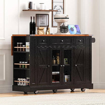 Merax 53'' Farmhouse Kitchen Island with 2 Tempered Glass Cabinet Doors, Power Outlet, Rolling Kitchen Storage Cart on Wheels with Drop Leaf, 5 Open Racks, 3 Drawers for Dining Room, Black