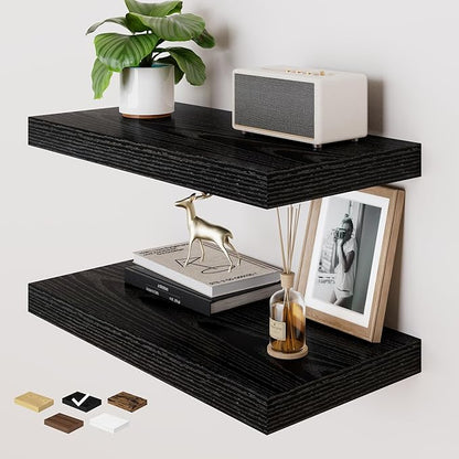 RICHFOCUS Deep Floating Shelves for Wall 2 Pack 12" D 24 Inch Wall Shelves for Room Wall|Wood Hanging Shelf with Invisible Brackets for Bathroom Bedroom Kitchen Laundry Room, Black
