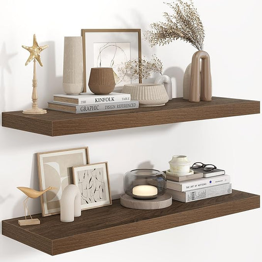 36"W x 9.3"D Floating Shelves for Wall, Wall Mounted Bathroom Shelves 2 Pack Deep Floating Shelf for Bedroom Kitchen Living Room, Rustic Wooden Wall Shelf with Invisible Bracket for Books Decor