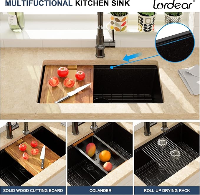 Lordear 30 Inch Black Granite Composite Kitchen Sink Workstation 30x19 Matte Black Undermount Quartz Sinks Under Counter Single Bowl Sink with Black Accessories
