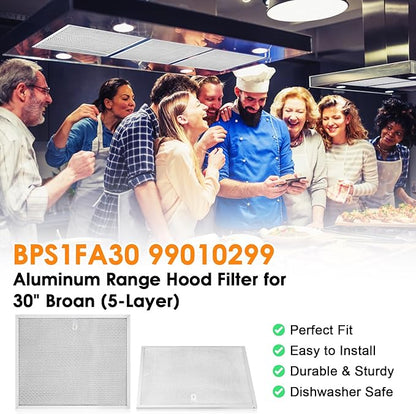 BPS1FA30 Range Hood Filter for 30-Inch Broan Nutone Allure QS1 WS1, 5-Layer 99010299 Aluminum Range Hood Filters Replacement 11.9"X14-1/4"X3/8" (6Pack)