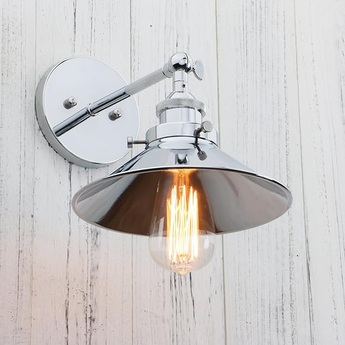 PERMO Vintage Industrial Metal Wall Sconce Lighting 180 Degree Adjustable Wall Lamp (Chrome)