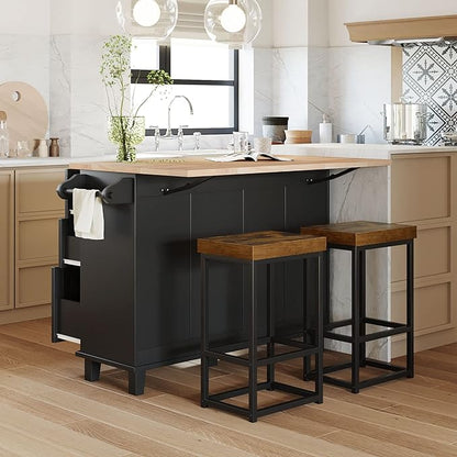 Kitchen Island Set with Drop Leaf and 2 Seatings, Dining Table Set with Storage Cabinet, Drawers and Towel Rack, Suitable for Kitchens, Dining Rooms (Black+Rustic Brown@d)