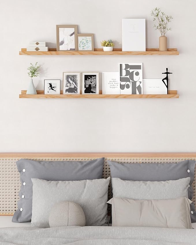 Axeman Oak Picture Ledge Shelf, 55 Inch Floating Shelves Set of 2, Solid Oak Wood Wall Shelves with Lip, Wall Decor Storage for Bedroom Living Room Bathroom Kitchen Nursery Photo Picture, Natural Oak