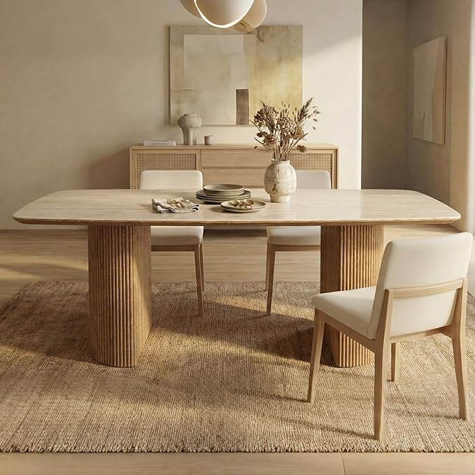 71'' Sintered Stone Dining Table for 6-8 People, Modern Rectangular Kitchen Table with Solid Wood Pedestal, Luxury Mid-Century Dining Room Table for Home Living Room