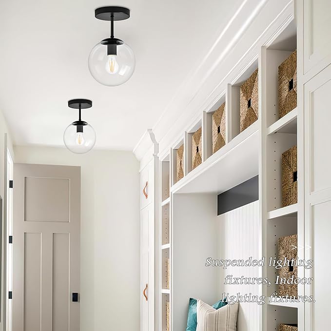 Bagood 8" Black Semi Flush Mount Ceiling Light Fixture Clear Glass Globe Ceiling Light Fixture Hallway Light Fixture Mid Century Ceiling Light Matte Black Finish for Entryway Foyer Kitchen(Bulb Incl.)