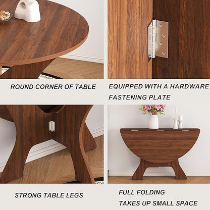 GDFStudio 43" Folding Dining Table for Small Spaces, Round Wood Kitchen Table with Walnut Veneer, Space-Saving Foldable Table for Indoor & Outdoor Use, French Country & Beach Style