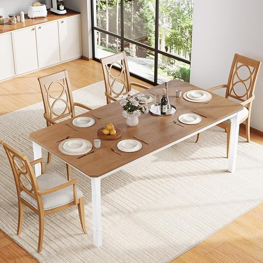 GAOMON Round Dining Table for 6-8 People - Rustic Industrial Farmhouse Long Table with Sturdy Metal Frame & Chamfered Corners for Dining Room, Ktichen Breakfast Nook, Walnut & White