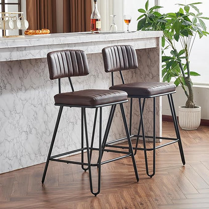 Bar Stools Set of 2, Counter Height Chairs with PU Leather Upholstery Metal Frame, Vintage Bar Chairs with Backrest Footrest for Kitchen Island, Dining Room, Home Bar, Brown