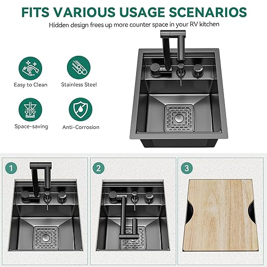 YITAHOME RV Kitchen Black Sink 13 x 15 x 9 Inch, Undermount Gunmetal Black Stainless Steel Single Bowl Small Sink with Swivel Spout, Cutting Board, Soap Dispenser