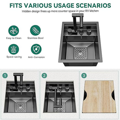 YITAHOME RV Kitchen Black Sink 13 x 15 x 9 Inch, Undermount Gunmetal Black Stainless Steel Single Bowl Small Sink with Swivel Spout, Cutting Board, Soap Dispenser