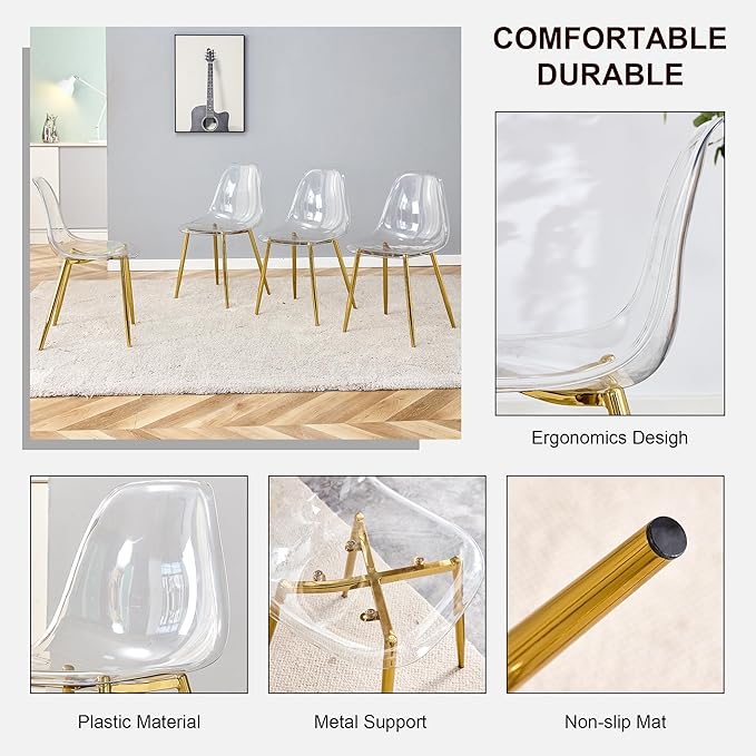 Round Glass Dining Table Set with 4 Transparent Plastic Chairs, 42 Inch Diameter Clear Tempered Glass Top with Gold Metal Legs, Contemporary Aesthetic for Dining Room and Kitchen