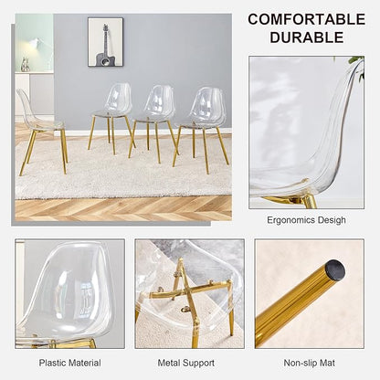Round Glass Dining Table Set with 4 Transparent Plastic Chairs, 42 Inch Diameter Clear Tempered Glass Top with Gold Metal Legs, Contemporary Aesthetic for Dining Room and Kitchen