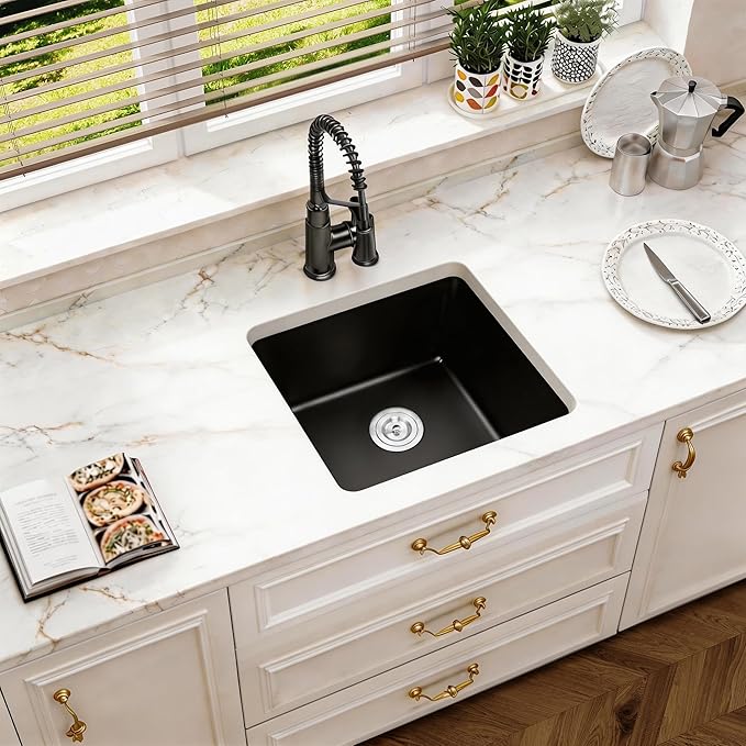 Black Undermount Kitchen Sink, Granite Composite Kitchen Sink with Drain Assembly & Bottom Gird,18 Inch Quartz Stone Kitchen Sink,Small Kitchen Sinks used at Bar,Outdoor and WetBar (Black, 18"x18")