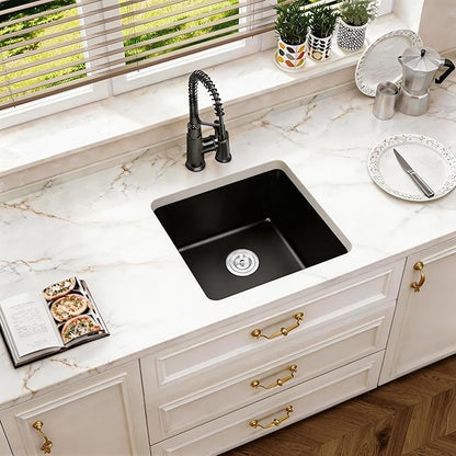 Black Undermount Kitchen Sink, Granite Composite Kitchen Sink with Drain Assembly & Bottom Gird,18 Inch Quartz Stone Kitchen Sink,Small Kitchen Sinks used at Bar,Outdoor and WetBar (Black, 18"x18")