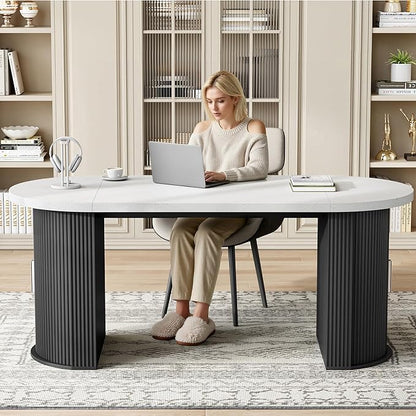 IRONCK 71" Oval Dining Table for 4-6 with Hidden Storage, Modern Farmhouse Kitchen Table with Fluted Semi-Cylindrical Legs, Faux Quartz Top for Dining Room, Kitchen, Living Room & Home Office (Black)