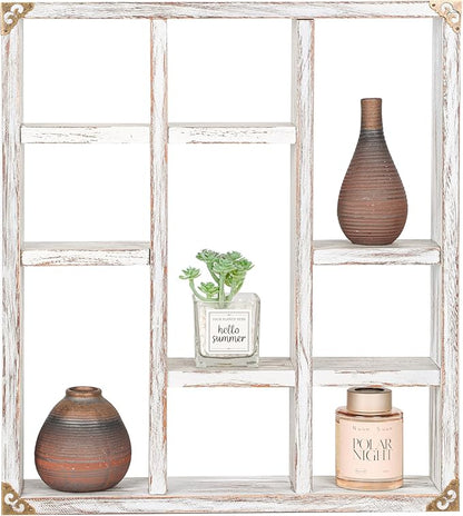 17.7x15.7-Inch Shadow Box Shelf 9-Slot Rustic Floating Shelves Larger Wall Mounted Shelf Lightweight Solid Wood Display Shelf Freestanding Farmhouse(9C-Rustic White)