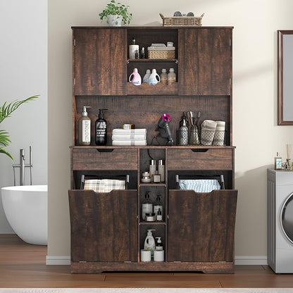 71"H Kitchen Pantry Storage Cabinet with Power Outlets and Two Drawers,10X2 Gallon Kitchen Hidden Double Tilt Out Trash Can Cabinet with Trash Bin Storage Holders,Laundry Hamper Cabinets(Brown)