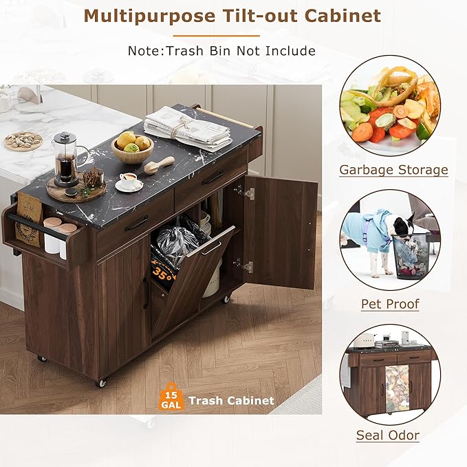 51.06" Mobile Kitchen Drop Leaf and Multipurpose Tilt-out Trash Can,Storage Cabinet w/Spice, Towel Rack & Drawer & Adjustable Shelf,Rolling Islands on Wheels, 50.25", Walnut Brown