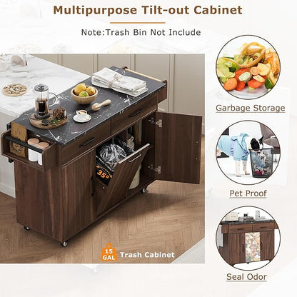 51.06" Mobile Kitchen Drop Leaf and Multipurpose Tilt-out Trash Can,Storage Cabinet w/Spice, Towel Rack & Drawer & Adjustable Shelf,Rolling Islands on Wheels, 50.25", Walnut Brown