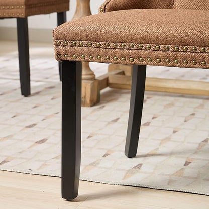 Ball & Cast Contemporary Upholstered Dining Chairs Set of 2, Flax Button Tufted Kitchen Side-Chairs with Hang Ring & Nailhead Trims & Wood Legs, 2-Piece Backrest Traditional Chair, Black+Coffee