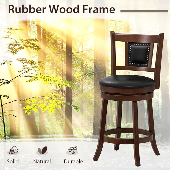 ERGOMASTER Swivel Bar Stools Set of 4-25.5 Inch Counter Height with Footrest, 360° Spin & Extra Wide Seat, Vintage Rubber Wood Frame, 250 lbs Capacity, Kitchen Island Stools for Small Spaces