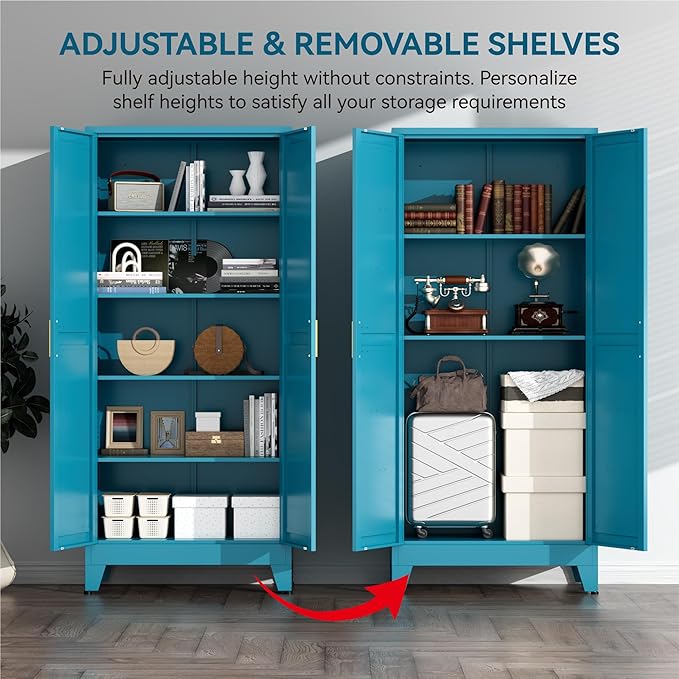 Farmhouse Pantry Cabinet with Barn Doors, 71" H x 31.5" W, 5-Tier Metal Storage Cabinet with 4 Adjustable Shelves for Kitchen Garage Dining Room,Blue 1 Pack