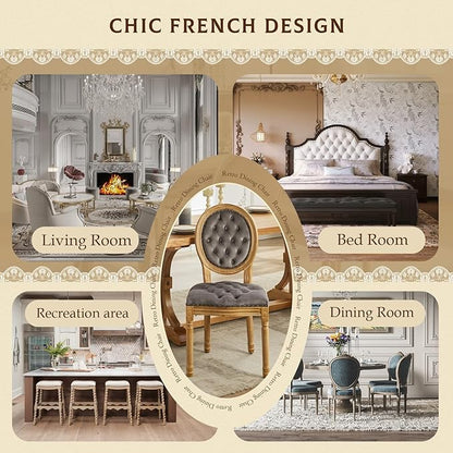 SoarFlash French Dining Chairs Set of 2, Vantage Dining Chair with Round Back, Wood Leg Farmhouse Country Velvet Dining Chair for Kitchen,Bedroom,Grey