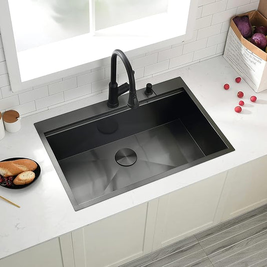33 Inch Black Drop In Kitchen Sink, Swift Horse 33x22 Inch 16-Gauge Black Stainless Steel Single Bowl Workstation Kitchen Sinks with Accessories for Kitchen Remodel