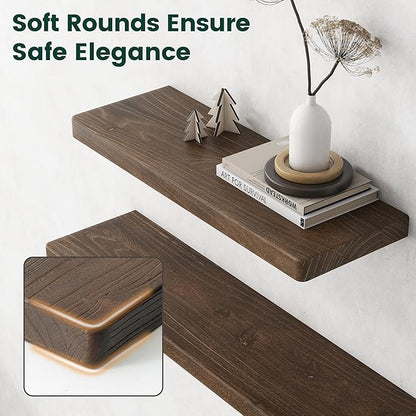 72 Inch Flat Edge Floating Shelves, 8 Inch Deep Solid Elm Wood Wall Shelf, Heavy-Duty Wall Mounted Shelf with Invisible Brackets for Living Room, Bathroom, Kitchen, Set of 1, Walnut Color