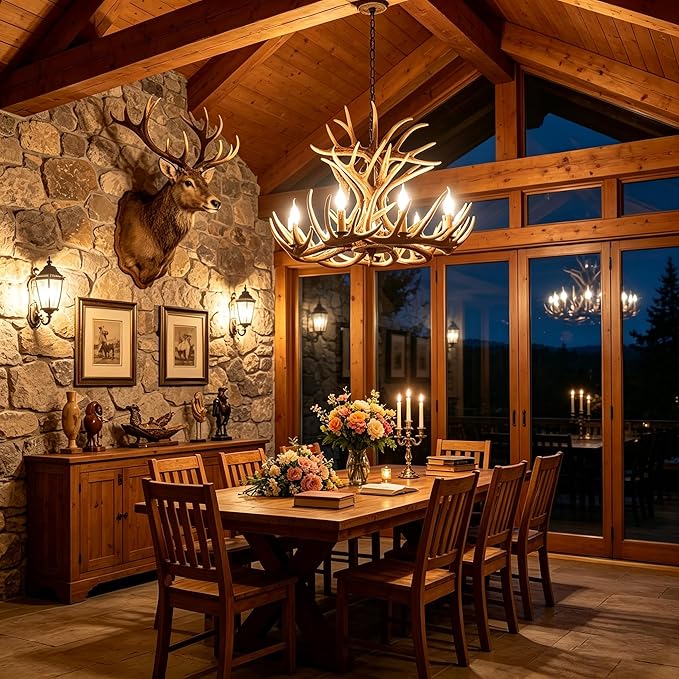 Rustic Antler Chandelier 9-Light, Farmhouse Deer Antler Chandelier Lighting, Retro Antler Light Fixtures for Living Room Dinning Room Kitchen Foyer Bar Store (9 lamp arms + 6arms)